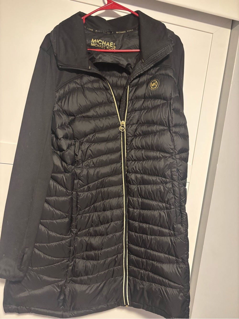 Michael Kors Black Quilted Long Puffer Jacket with Gold Accents